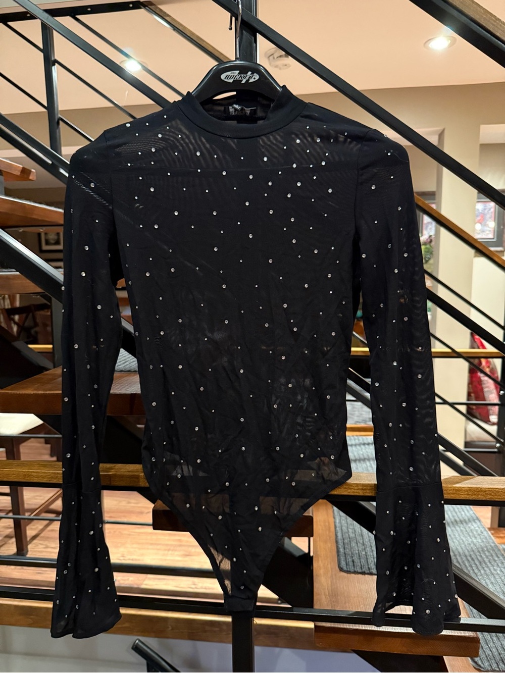 Stary Black Sheer Rhinestone-Studded Long Sleeve Bodysuit with Bell 🔔 sleeves